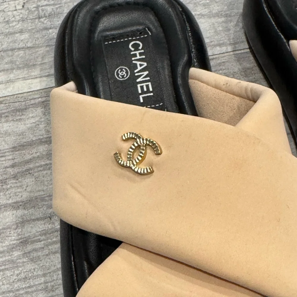 Chanel beige black Rev criss cross puffy CC logo slide sandals